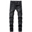 Basic Jeans Mens Medium Wash Pintuck-Patch Distressed Stretchable Zipper Fly Long Slim Fitted Tapered Moto Jeans