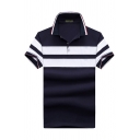 Men Fashion Striped Short Sleeve Turn-Down Collar Regular-Fit Polo T-Shirt