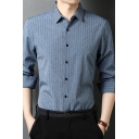 Casual Guys Shirt Stripe Print Long Sleeve Spread Collar Button Up Slim Fit Shirt Top
