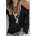 Classic Womens T-Shirt Sequin Detail Relaxed Fit Cold Shoulder Deep V Neck Long Sleeve T-Shirt