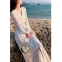 Classic Womens Dress Hollow out Lace A-Line Long Sleeve Maxi Slim Fit V Neck Beach Dress