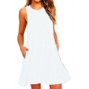 Summer Trendy Simple Plain Round Neck Sleeveless Mini Linen Casual Tank Dress