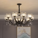 Chandelier Light Fixture Modern Dining Room Pendant Light with Cylindrical Crystal Shade in Black