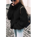 Trendy Womens Sweater Plain Color Chunky Knit Loose Fit High Neck Long Batwing Sleeve Sweater