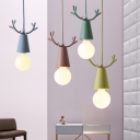 Exposed Bulb Pendant Ceiling Lamp Macaron Metal 1-Light Dining Room Hanging Light with Antler Deco