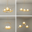 Aluminum Wire Nest Island Light Art Deco 3 Bulbs Beige Suspension Lamp with Egg White Glass Shade