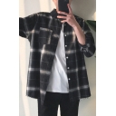 Classic Mens Shirt Plaid Print Chest Pocket Button up Spread Collar Loose Fit Long Sleeve Shirt
