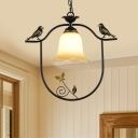 Study Room Bell Suspension Light Frosted Glass 1 Light Rustic Ceiling Light with Bird & Butterfly