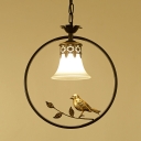 1-Head Flared Pendulum Light Rustic Black Frosted Glass Pendant Lighting with Metal Ring and Bird Deco