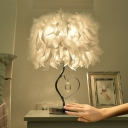 1-Light Bedside Night Lamp Modern Style Table Lighting with Cylindrical Feather Shade
