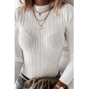 Womens Sweater Stylish Shoulder-Button Decoration Long Sleeve Mock Neck Slim Fit Sweater