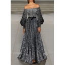 Gorgeous Ladies Dress Sequins Decoration Blouson Sleeve Off the Shoulder Tied Waist Maxi Pleated A-line Dress in Silver
