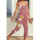 Womens Jeans Stylish Sunflower Pattern Full Length Relaxed Fit Denim Overalls