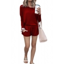 Basic Co-ords Solid Color Long Sleeve Round Neck Loose Tee Top & Shorts Set for Women