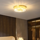 Circular 3-Side Crystal Prism Flush Light Postmodern Gold Finish Ceiling Mounted Light for Bedroom