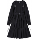 Basic Dress Womens Solid Color Buckle-Suspender Relaxed Fit Long Sleeve Crew Neck A-Line Dress
