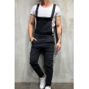 Simple Guys Jeans Solid Color Bleach Ripped Ankle Length Fitted Suspender Jeans