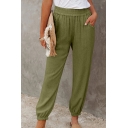 Classic Womens Pants Plain Color Cuffed Elastic Waist Loose Fit 7/8 Length Lounge Pants