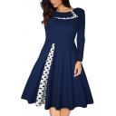Popular Womens Dress Polka Dot Print Patched Long Sleeve Boat Neck Mid Pleated Swing Dress