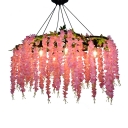 Wagon Wheel Restaurant Multi Ceiling Light Art Deco Metal Pink Pendant Lighting with Artificial Garland