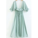 Womens Dress Stylish Plain Color Ruffle Detail Shirred Waist Square Neck Short Sleeve Midi A-Line Dress