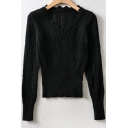 Fashionable Womens Sweater Wavy Edge Hollow-out Knit Waist-Control Long Sleeve V Neck Slim Fit Sweater