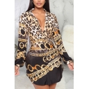 Basic Shirt Womens Chain Leopard Skin Pattern Single Breasted Slim Fit Long Sleeve Turn down Collar Mini Shirt Dress