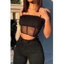 Sexy Womens Cami Solid Spaghetti Straps Stringy Selvedge Ruched Sheer Mesh Panel Fit Crop Cami Top