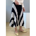 Trendy Skirt Stripe Print High Rise Mid Pleated A-line Skirt for Girls