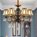Frosted Glass Flared Chandelier Traditional Living Room Hanging Light with K9 Crystals in Black-Brass