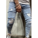 Simple Jeans Ripped Solid Color Bleach Mid Rise Ankle Skinny Jeans in Light Blue