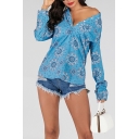 Womens Ethnic Shirt Flower All Over Print Long Sleeve Deep V-neck Relaxed Fit Shirt Top in Blue