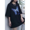 Chic Womens Cartoon Butterfly Letter Fun Off Graphic Short Sleeve Crew Neck Loose Fit T Shirt in Black