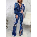 Trendy Womens Jumpsuit Color Block Pattern Zippered Slim Fitted Long Lantern Sleeve Stand Collar Bootcut Jumpsuit