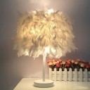 Cylindrical Night Table Light Contemporary Feather 1 Bulb Girls Room Nightstand Lamp