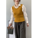 Simple Vest Cable Knitted Solid Color Crew Neck Relaxed Fit Vest for Women