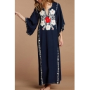 Basic Dress Womens Floral Embroidered Tassel Drawstring 3/4 Sleeve Loose Fit Split Neck Maxi Cover-up Beach Dress