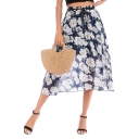 Pretty Blue Skirt Allover Floral Print Drawstring Waist Mid A-line Skirt for Girls