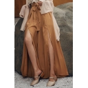 Basic Pants Womens Beach Pants Solid Color Tie-Waist High Slit Wide Leg Full Length Relaxed Fit Culottes