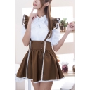 Adorable Cosplay Bow Tie Puffed Sleeves Shirt with Lace Panel Flutter Straps Overall Skirt