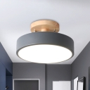 Round Metal Semi Flushmount Modern Nordic White/Green/Grey Finsih LED Flush Mount Ceiling Light with Wood Canopy