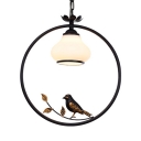 Curved Shade Living Room Suspension Light Metal 1 Light American Rustic Pendant Lamp with Bird