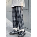 Trendy Mens Pants Plaid Pattern Mid Waist Loose Fit Long Straight Lounge Pants