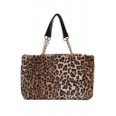 Trendy Leopard Pattern Large Capacity Brown Plush Handbag Shoulder Tote Bag 47*11*29 CM