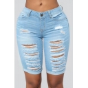 Womens New Stylish Destroyed Ripped Hole Rolled Cuff Skinny Fit Half Denim Shorts