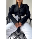 Womens Leisure Fashion Long Sleeve V-Neck Tied Wrap Surplice Shirt Black Satin Crop Top