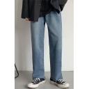 Elegant Men's Jeans Low Rise Pocket Detail Acid Wash Split Hem Long Straight Denim Jeans