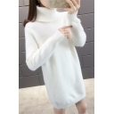 Ladies White Elegant Turtle Neck Long Sleeve Soft Purl Knit Casual Pullover Sweater Dress