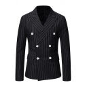 Men's Vertical Stripes Pattern Long Sleeve Double Breasted Peaked Lapel Black Suit Blazer Coat