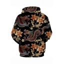 Chinese Style 3D Ethnic Dragon Floral Printed Long Sleeve Mens Casual Black Hoodie